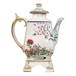 Franklin Mint 1992 Porcelain Teapot Japanese Ikebana Floral Bird Design Square S